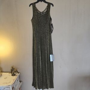 Molly Malloy Black/Gold Y2kScoop Neck Sheath Maxi Dress Rhinestone Accents Sz 10